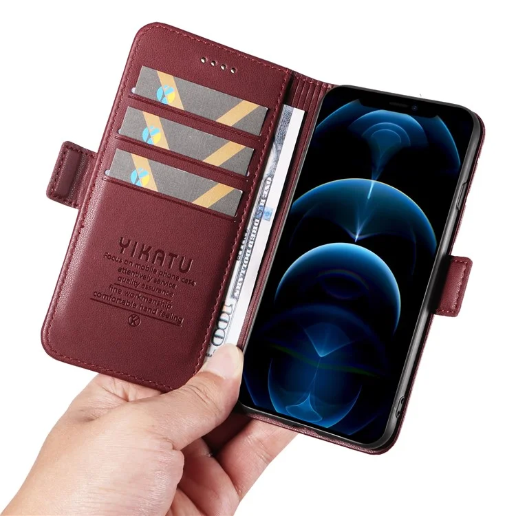 YIKATU YK-003 Phone Shell for iPhone 12 Pro Max 6.7 inch Wallet Phone Case Leather Flip Cover - Wine Red