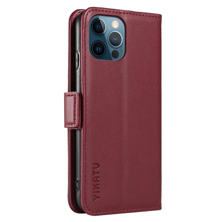 YIKATU YK-003 Phone Shell for iPhone 12 Pro Max 6.7 inch Wallet Phone Case Leather Flip Cover - Wine Red