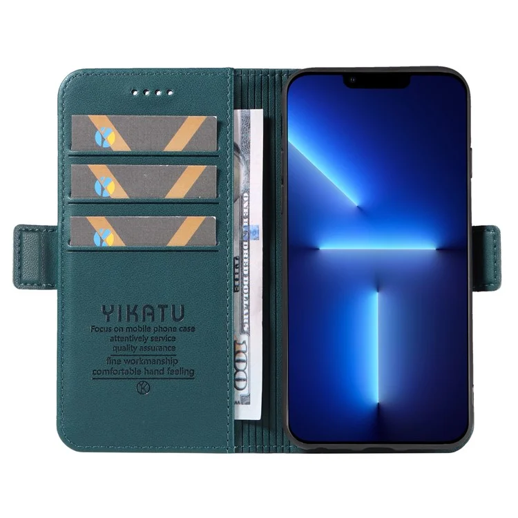 YIKATU YK-003 Capa de Cobertura Anti-arranhão para iPhone 13 Pro Max 6.7 polegadas, Caso de Carteira de Telefone de Couro PU com Suporte - Verde