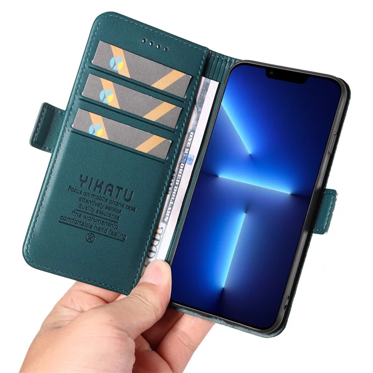YIKATU YK-003 Capa de Cobertura Anti-arranhão para iPhone 13 Pro Max 6.7 polegadas, Caso de Carteira de Telefone de Couro PU com Suporte - Verde