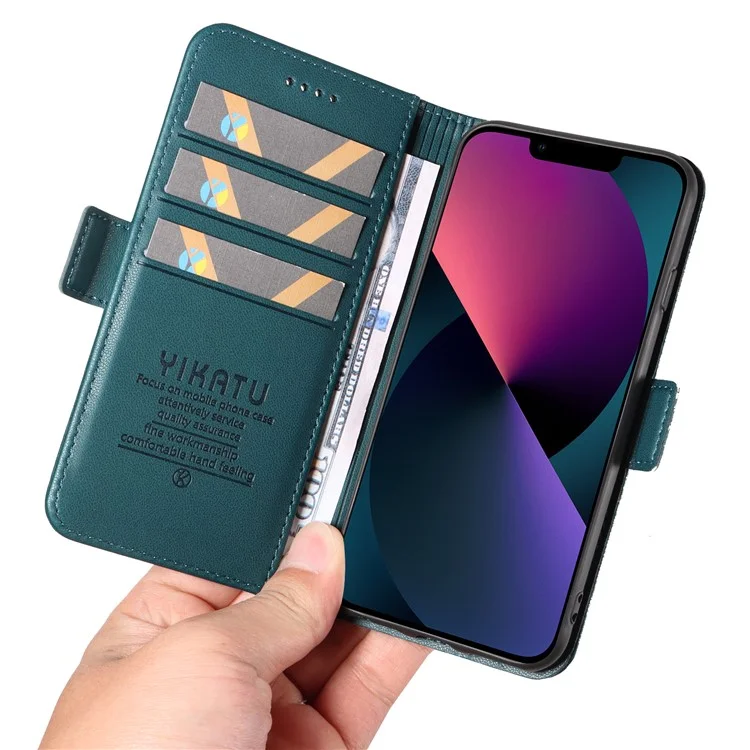 YIKATU YK-003 For iPhone 13 6.1 inch Magnetic Folio Flip Wallet Cover PU Leather Stand Phone Case - Green