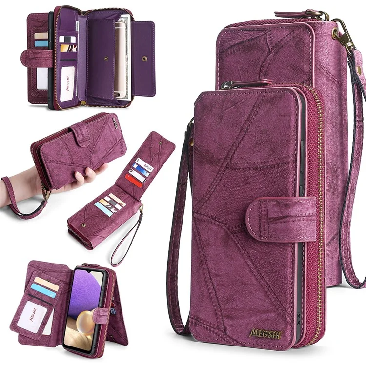 MEGSHI 004 Series Wallet Case for Samsung Galaxy A52 4G / 5G / A52s 5G , PU Leather Zipper Detachable Stand Phone Cover - Wine Red