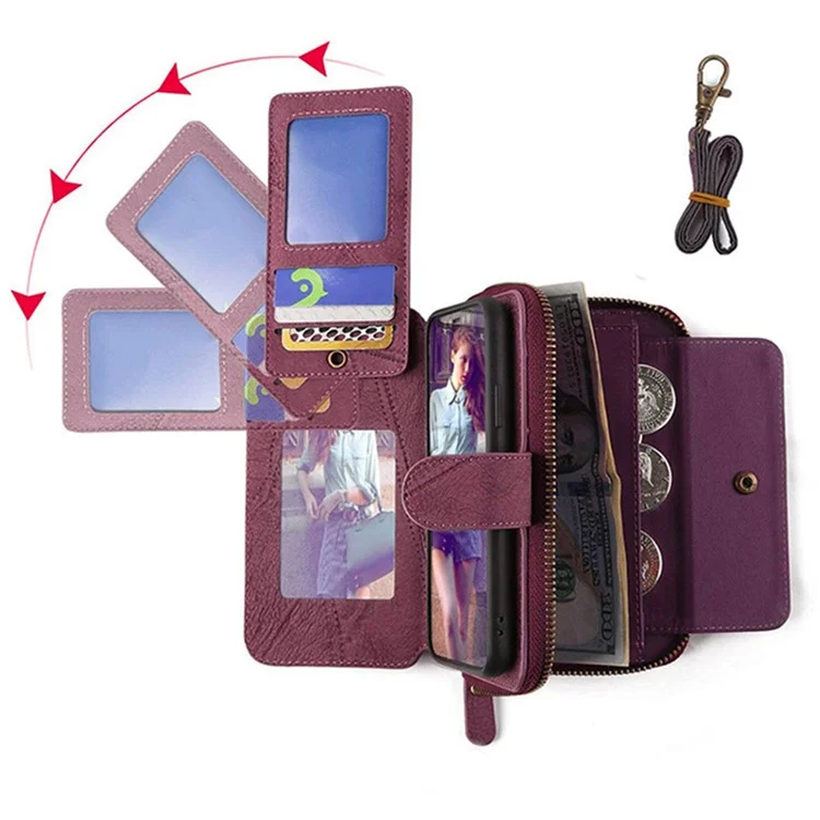 MEGSHI 004 Series Wallet Case for Samsung Galaxy A52 4G / 5G / A52s 5G , PU Leather Zipper Detachable Stand Phone Cover - Wine Red