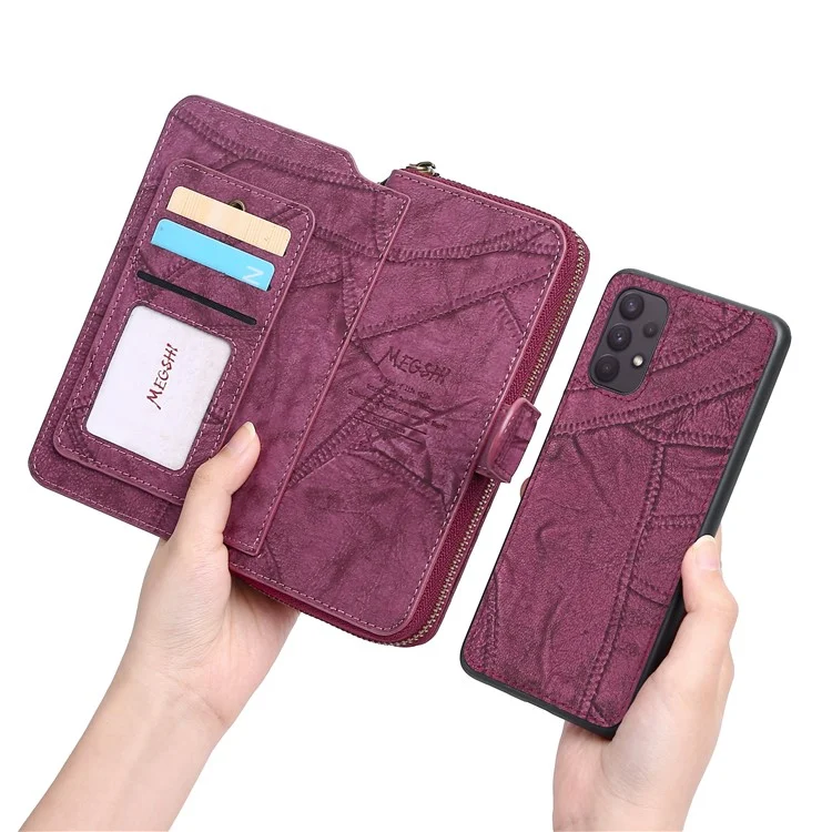 MEGSHI 004 Series Wallet Case for Samsung Galaxy A52 4G / 5G / A52s 5G , PU Leather Zipper Detachable Stand Phone Cover - Wine Red