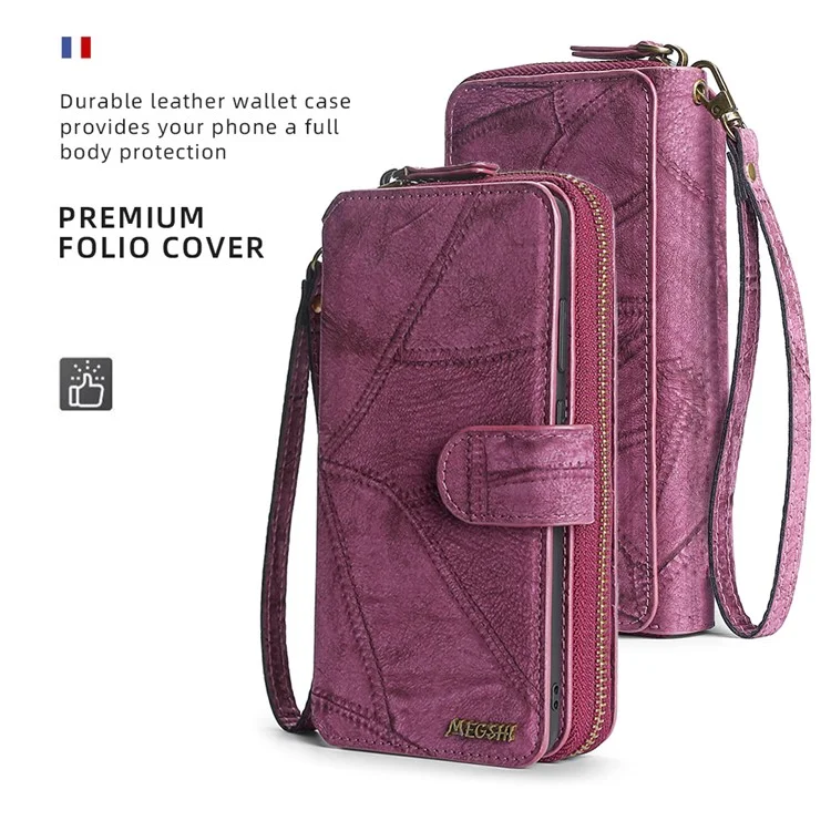 MEGSHI 004 Series Wallet Case for Samsung Galaxy A52 4G / 5G / A52s 5G , PU Leather Zipper Detachable Stand Phone Cover - Wine Red