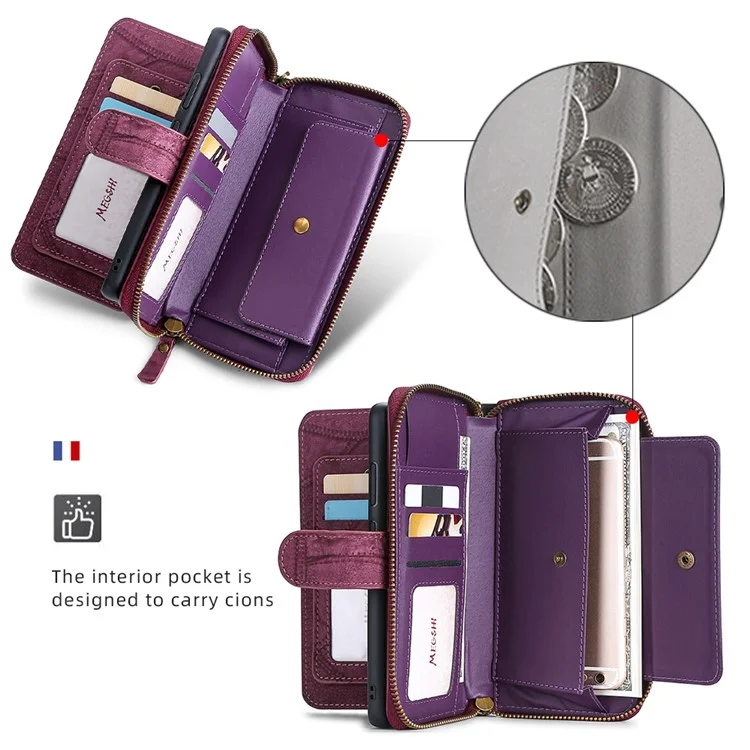 MEGSHI 004 Series Wallet Case for Samsung Galaxy A52 4G / 5G / A52s 5G , PU Leather Zipper Detachable Stand Phone Cover - Wine Red