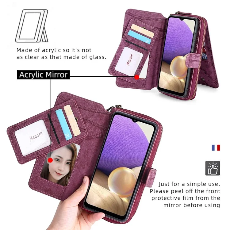MEGSHI 004 Series Wallet Case for Samsung Galaxy A52 4G / 5G / A52s 5G , PU Leather Zipper Detachable Stand Phone Cover - Wine Red