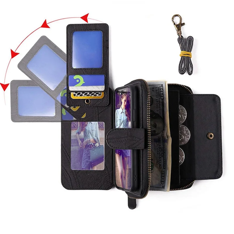 MEGSHI 004 Series Detachable Zipper Wallet Leather Case for iPhone 14 Anti-drop Stand Phone Cover - Black
