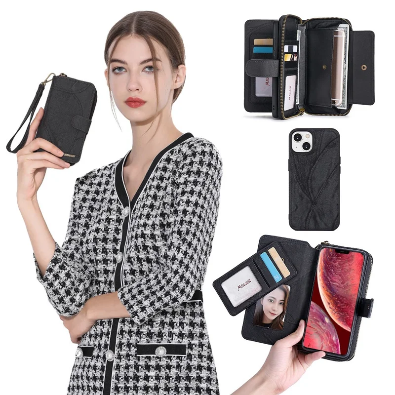 MEGSHI 004 Series Detachable Zipper Wallet Leather Case for iPhone 14 Anti-drop Stand Phone Cover - Black