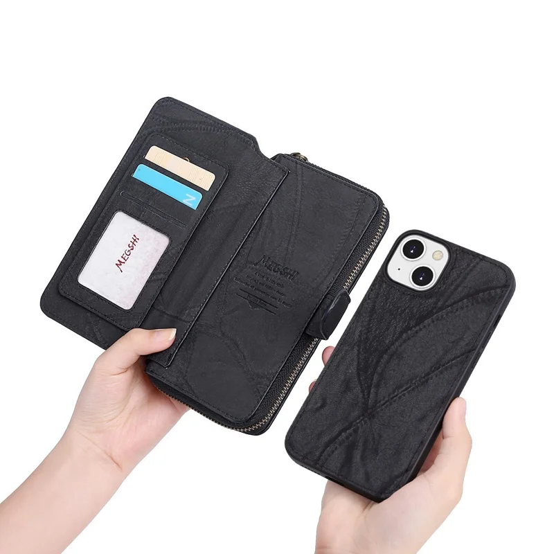 MEGSHI 004 Series Detachable Zipper Wallet Leather Case for iPhone 14 Anti-drop Stand Phone Cover - Black
