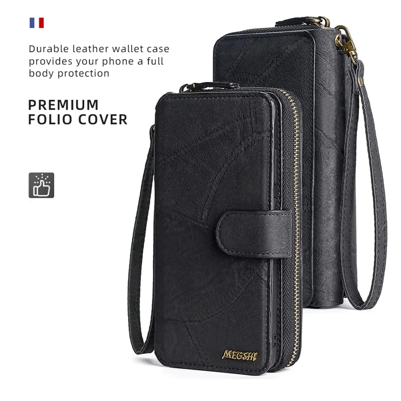 MEGSHI 004 Series Detachable Zipper Wallet Leather Case for iPhone 14 Anti-drop Stand Phone Cover - Black