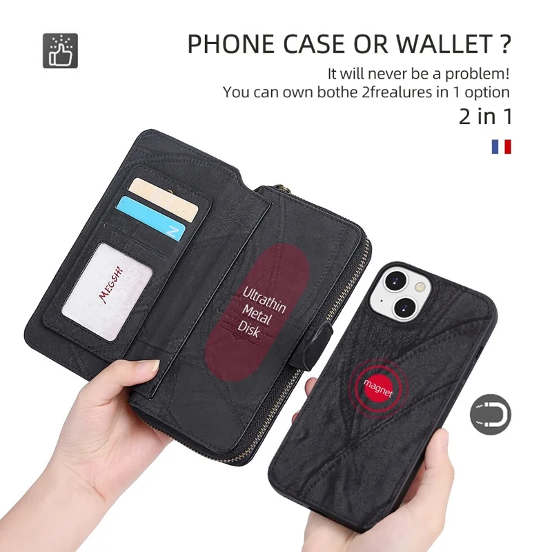 MEGSHI 004 Series Detachable Zipper Wallet Leather Case for iPhone 14 Anti-drop Stand Phone Cover - Black