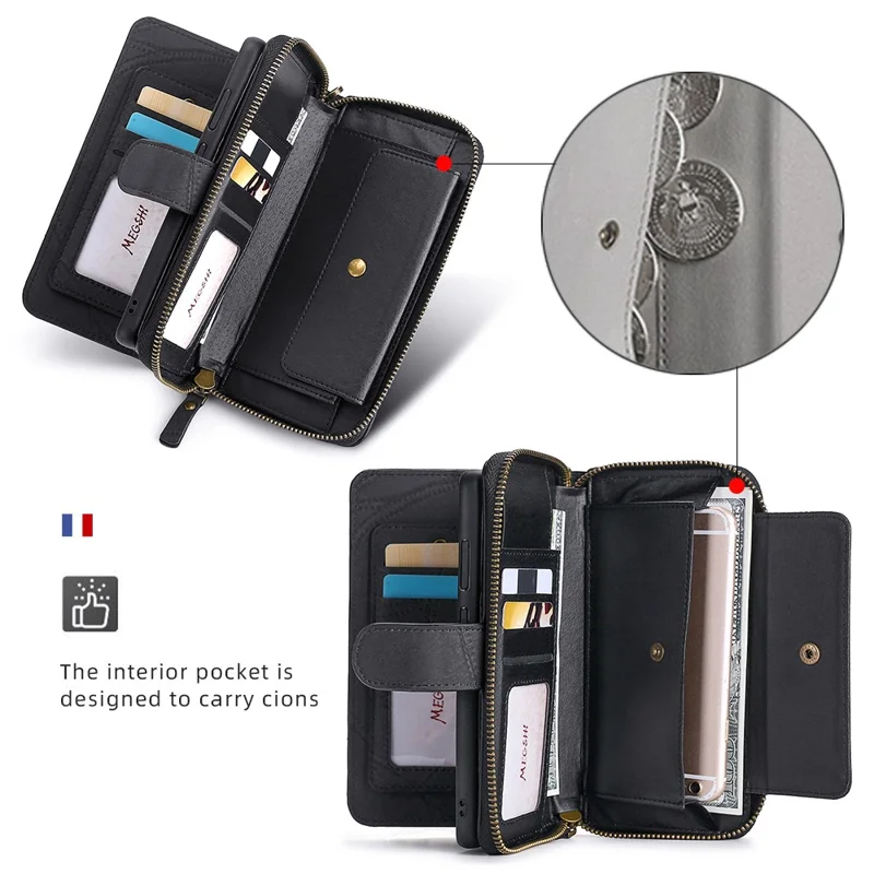 MEGSHI 004 Series Detachable Zipper Wallet Leather Case for iPhone 14 Anti-drop Stand Phone Cover - Black