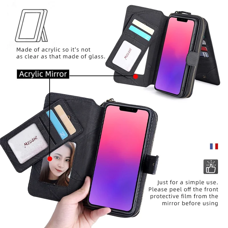 MEGSHI 004 Series Detachable Zipper Wallet Leather Case for iPhone 14 Anti-drop Stand Phone Cover - Black