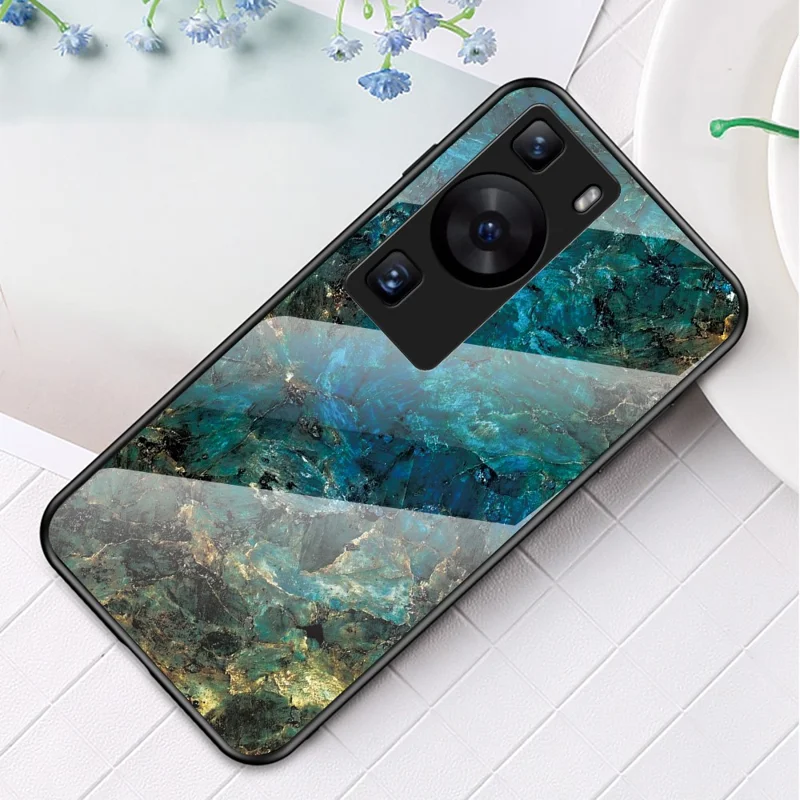 Coque pour Huawei P60 / P60 Pro avec motif marbre, verre trempé + PC + TPU, étui anti-chute - Marbre émeraude