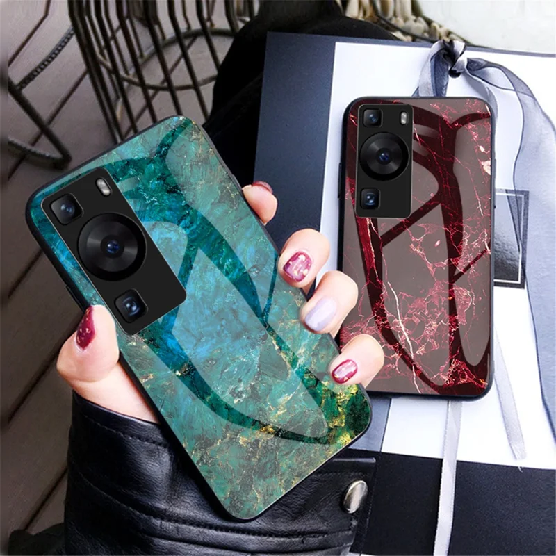 Coque pour Huawei P60 / P60 Pro avec motif marbre, verre trempé + PC + TPU, étui anti-chute - Marbre émeraude