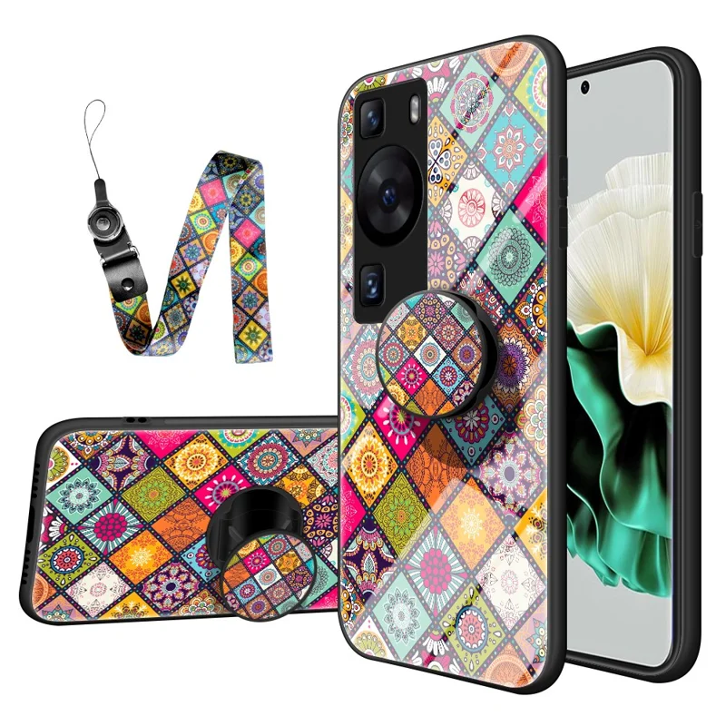 Til Huawei P60 / P60 Pro PC+TPU+Hårdnet glas Case Blomstermønster Standtelefonbeslag med reb - Farvemønster