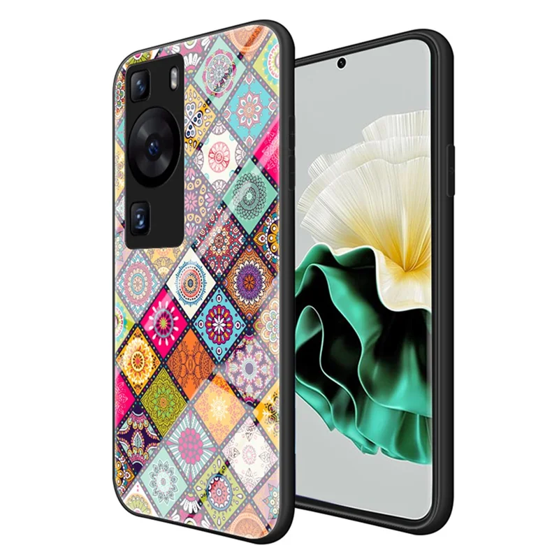 Til Huawei P60 / P60 Pro PC+TPU+Hårdnet glas Case Blomstermønster Standtelefonbeslag med reb - Farvemønster