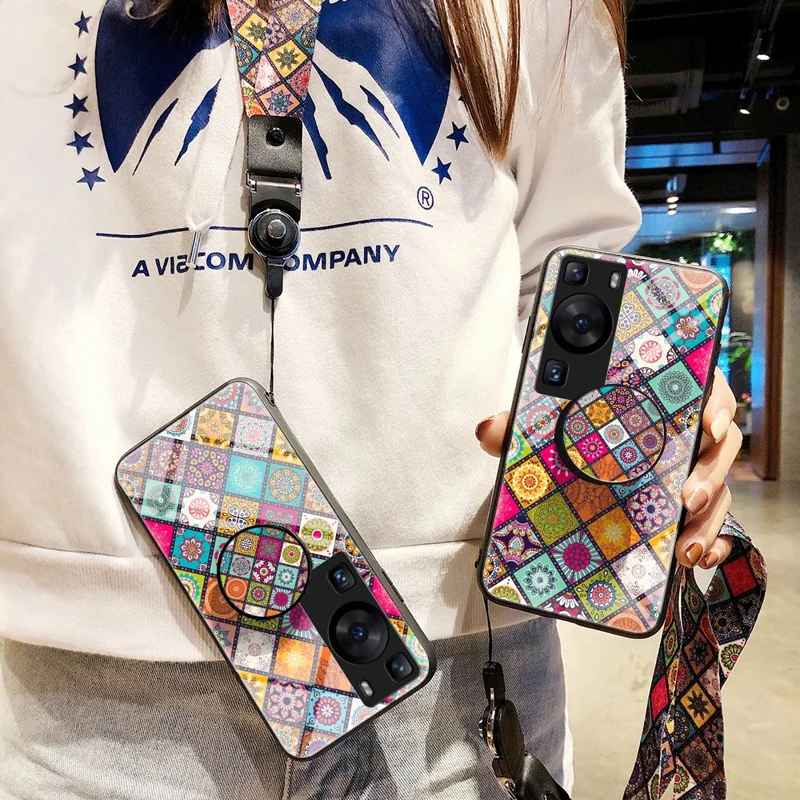 Til Huawei P60 / P60 Pro PC+TPU+Hårdnet glas Case Blomstermønster Standtelefonbeslag med reb - Farvemønster