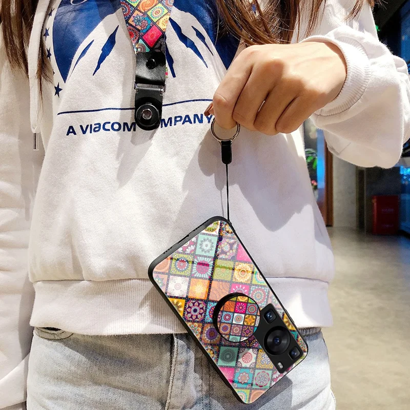 Til Huawei P60 / P60 Pro PC+TPU+Hårdnet glas Case Blomstermønster Standtelefonbeslag med reb - Farvemønster