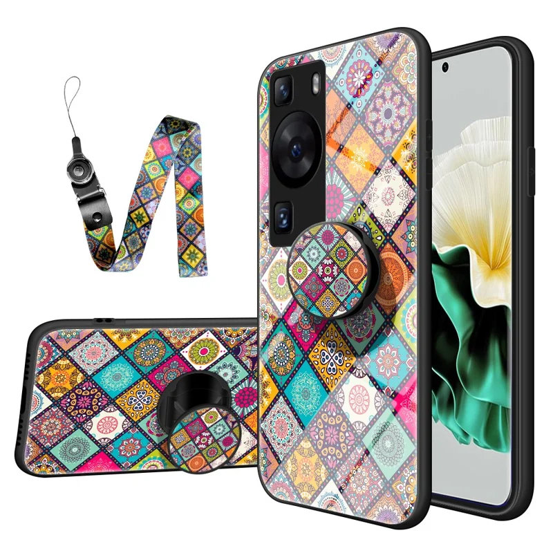 لـ Huawei P60 / P60 Pro غطاء من البلاستيك المقوى + TPU + زجاج مقسّى بنمط زهور مع حامل قابل للطي وحزام - نمط مربّع