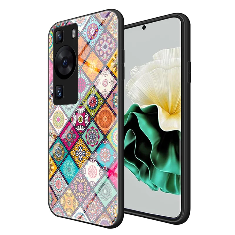 لـ Huawei P60 / P60 Pro غطاء من البلاستيك المقوى + TPU + زجاج مقسّى بنمط زهور مع حامل قابل للطي وحزام - نمط مربّع