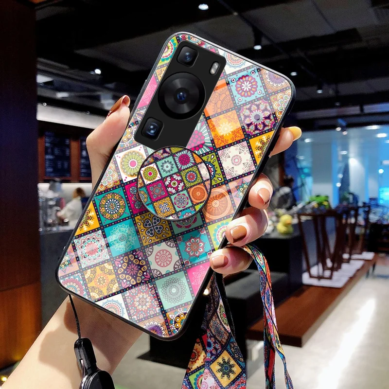 لـ Huawei P60 / P60 Pro غطاء من البلاستيك المقوى + TPU + زجاج مقسّى بنمط زهور مع حامل قابل للطي وحزام - نمط مربّع