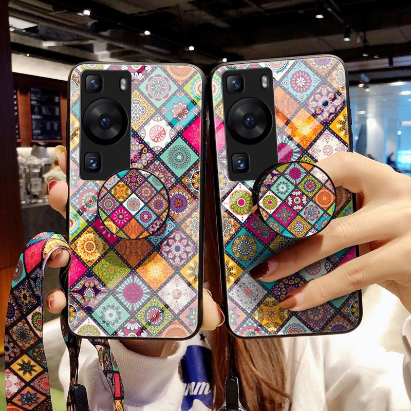 لـ Huawei P60 / P60 Pro غطاء من البلاستيك المقوى + TPU + زجاج مقسّى بنمط زهور مع حامل قابل للطي وحزام - نمط مربّع