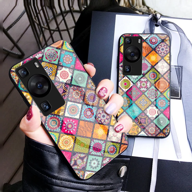 لـ Huawei P60 / P60 Pro غطاء من البلاستيك المقوى + TPU + زجاج مقسّى بنمط زهور مع حامل قابل للطي وحزام - نمط مربّع