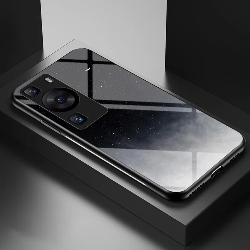 Voor Huawei P60 / P60 Pro 5G PC+TPU+Gehard Glas Sterrenhemel Patroon Telefoonhoes Stootvaste Cover - Sterren Cresent Maan