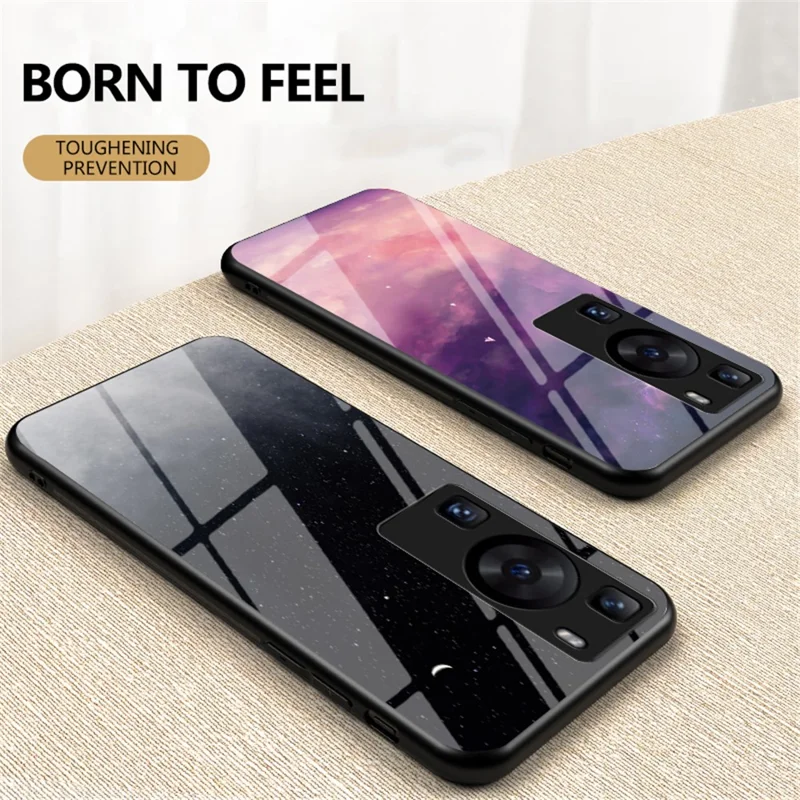 Voor Huawei P60 / P60 Pro 5G PC+TPU+Gehard Glas Sterrenhemel Patroon Telefoonhoes Stootvaste Cover - Sterren Cresent Maan