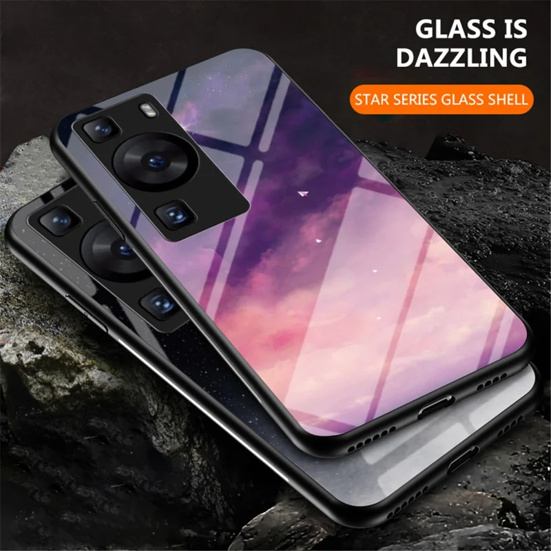 Voor Huawei P60 / P60 Pro 5G PC+TPU+Gehard Glas Sterrenhemel Patroon Telefoonhoes Stootvaste Cover - Sterren Cresent Maan