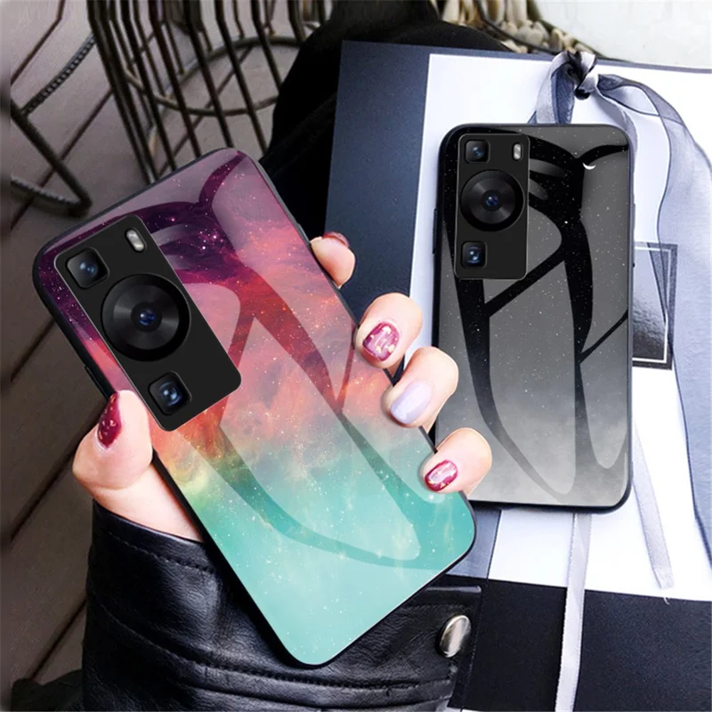 Voor Huawei P60 / P60 Pro 5G PC+TPU+Gehard Glas Sterrenhemel Patroon Telefoonhoes Stootvaste Cover - Sterren Cresent Maan