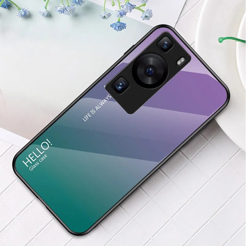 For Huawei P60 / P60 Pro Gradient Phone Case Tempered Glass+PC+TPU Shockproof Phone Cover - Gradient Purple