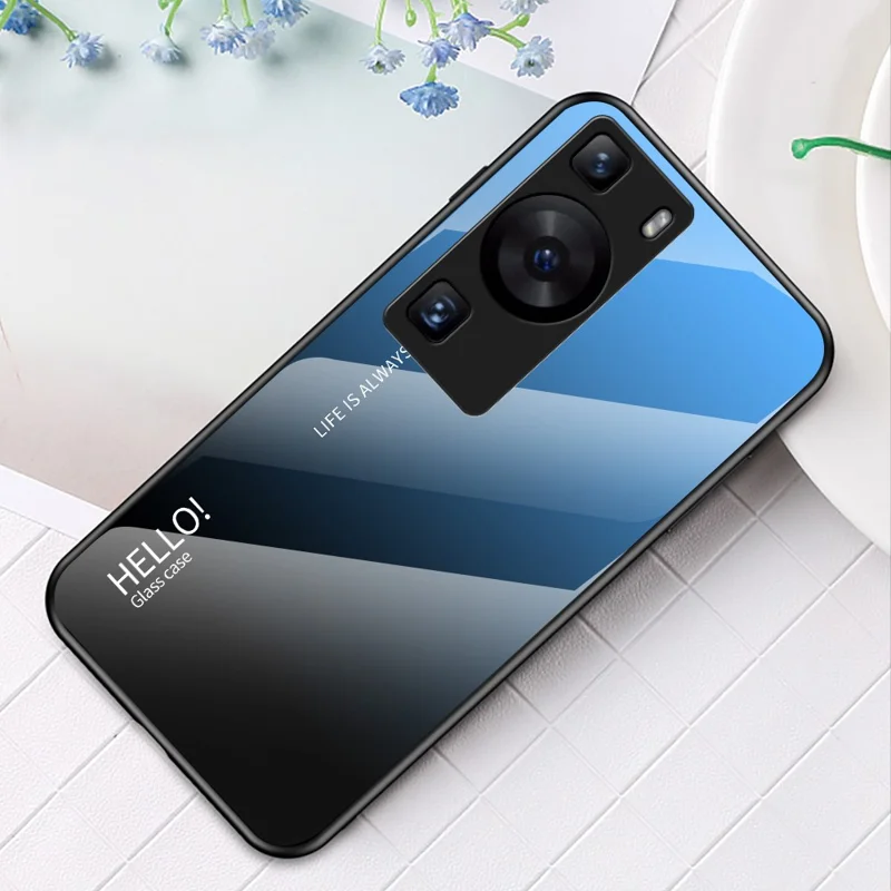 For Huawei P60 / P60 Pro Gradient Phone Case Tempered Glass+PC+TPU Shockproof Phone Cover - Gradient Blue Black