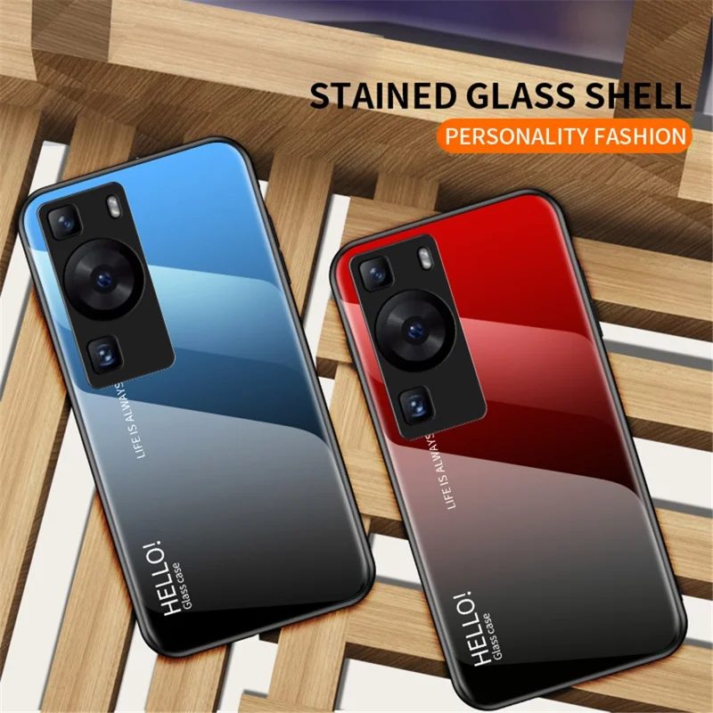 For Huawei P60 / P60 Pro Gradient Phone Case Tempered Glass+PC+TPU Shockproof Phone Cover - Gradient Blue Black