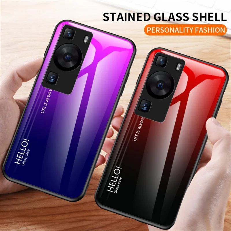 For Huawei P60 / P60 Pro Gradient Phone Case Tempered Glass+PC+TPU Shockproof Phone Cover - Gradient Blue Black