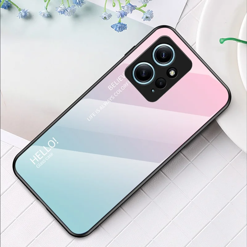 For Xiaomi Redmi Note 12 4G Phone Case Tempered Glass+PC+TPU Gradient Cell Phone Cover - Gradient Pink Blue
