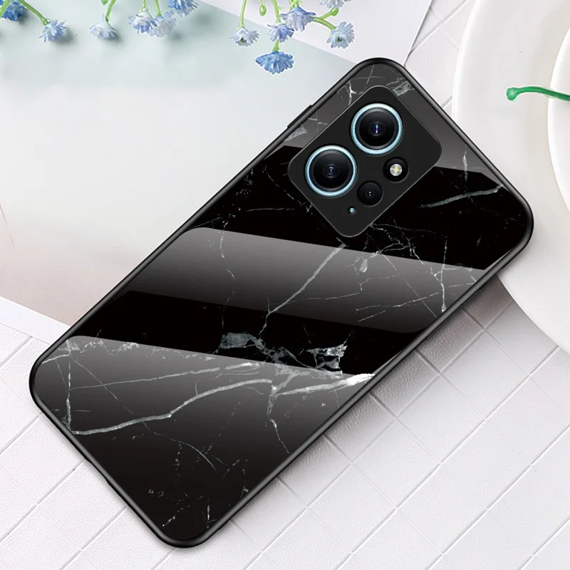 For Xiaomi Redmi Note 12 4G Tempered Glass+PC+TPU Phone Case Marble Pattern Cover - Black Marble