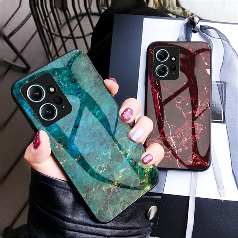 For Xiaomi Redmi Note 12 4G Tempered Glass+PC+TPU Phone Case Marble Pattern Cover - Black Marble
