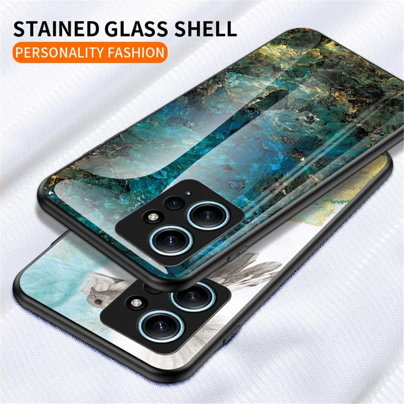 For Xiaomi Redmi Note 12 4G Tempered Glass+PC+TPU Phone Case Marble Pattern Cover - Black Marble