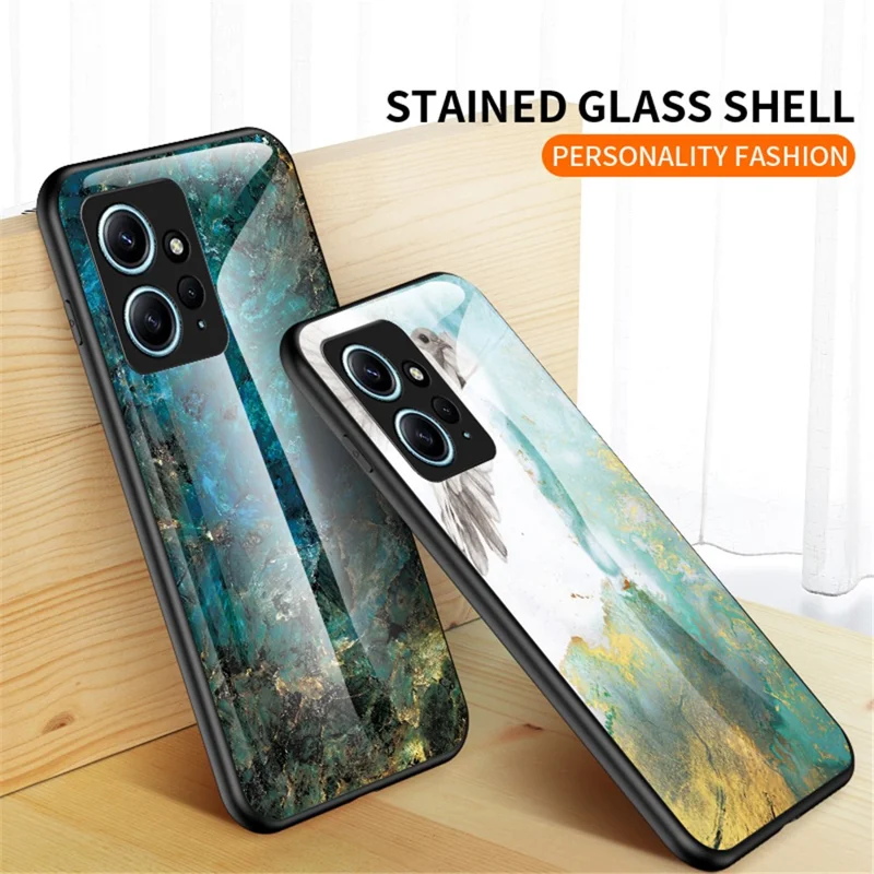 For Xiaomi Redmi Note 12 4G Tempered Glass+PC+TPU Phone Case Marble Pattern Cover - Black Marble
