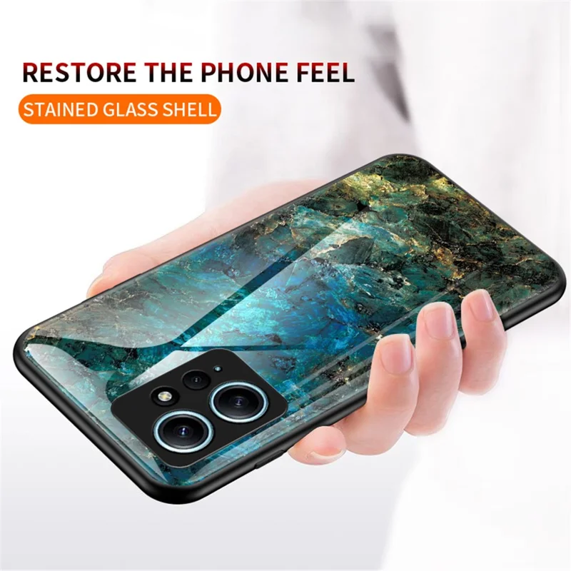 For Xiaomi Redmi Note 12 4G Tempered Glass+PC+TPU Phone Case Marble Pattern Cover - Black Marble
