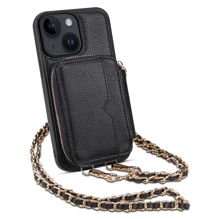 Para el iPhone 14 Plus Bolsa de Hombro Funda de Teléfono Celular Soporte Billetera Piel PU + Funda de Teléfono TPU - Negro