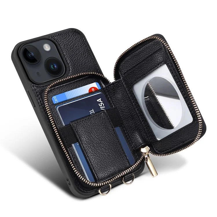 Para el iPhone 14 Plus Bolsa de Hombro Funda de Teléfono Celular Soporte Billetera Piel PU + Funda de Teléfono TPU - Negro