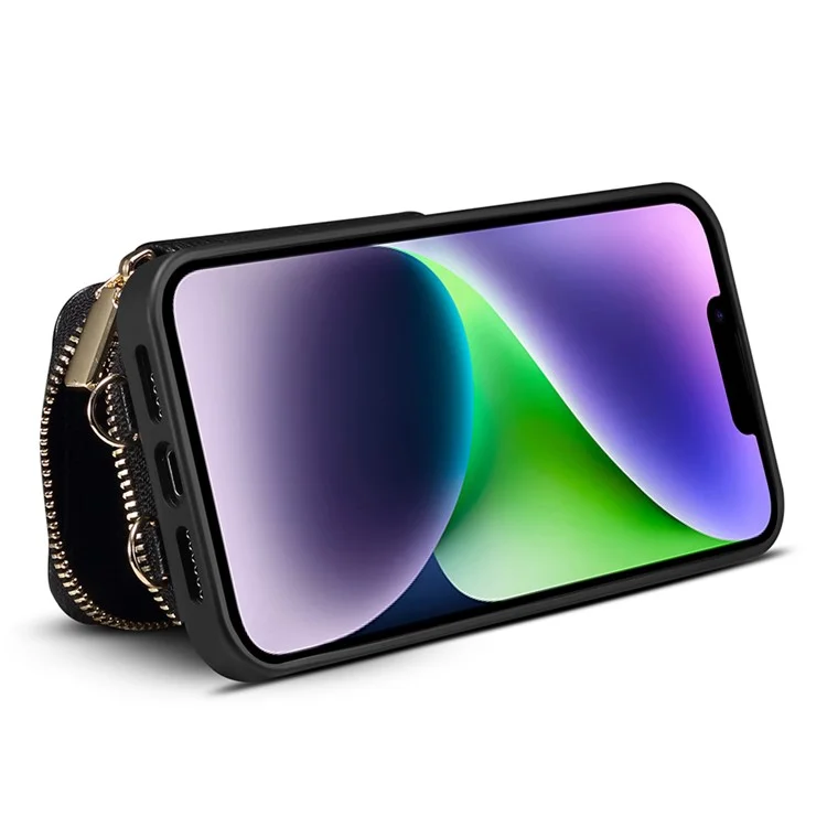 Para el iPhone 14 Plus Bolsa de Hombro Funda de Teléfono Celular Soporte Billetera Piel PU + Funda de Teléfono TPU - Negro