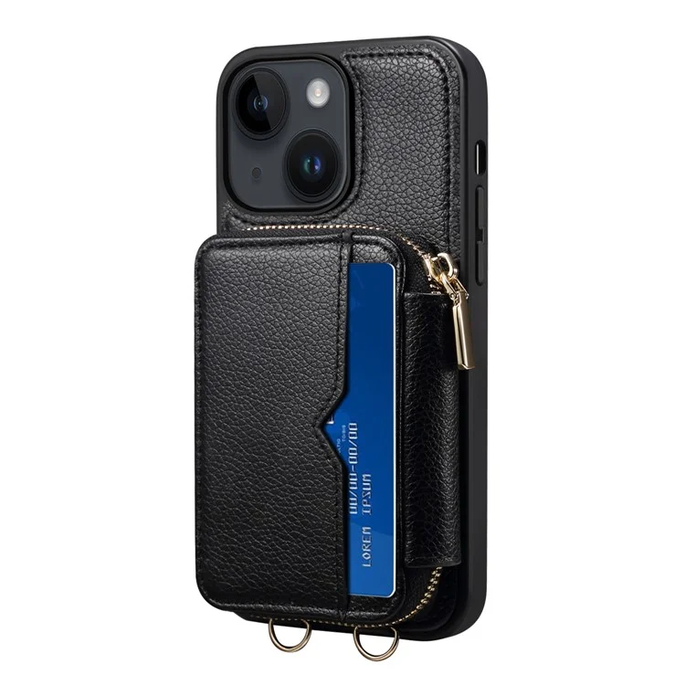 Para el iPhone 14 Plus Bolsa de Hombro Funda de Teléfono Celular Soporte Billetera Piel PU + Funda de Teléfono TPU - Negro