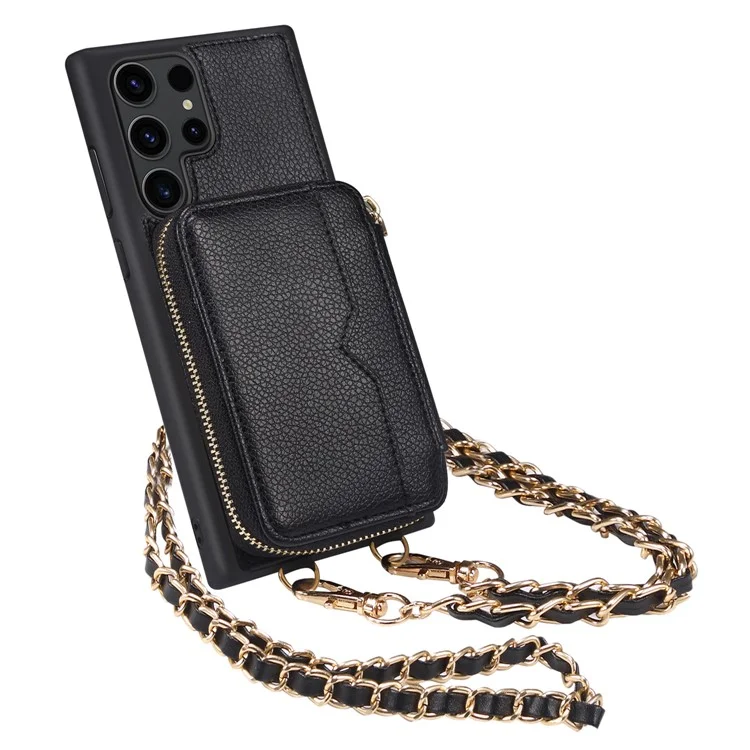 Für Samsung Galaxy S23 Ultra Wallet PU-Leder+TPU-Handyhülle mit Ständer, Handyhülle mit Riemen - Schwarz