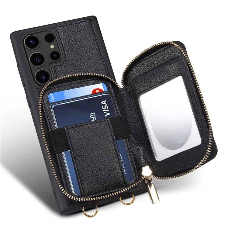 Für Samsung Galaxy S23 Ultra Wallet PU-Leder+TPU-Handyhülle mit Ständer, Handyhülle mit Riemen - Schwarz