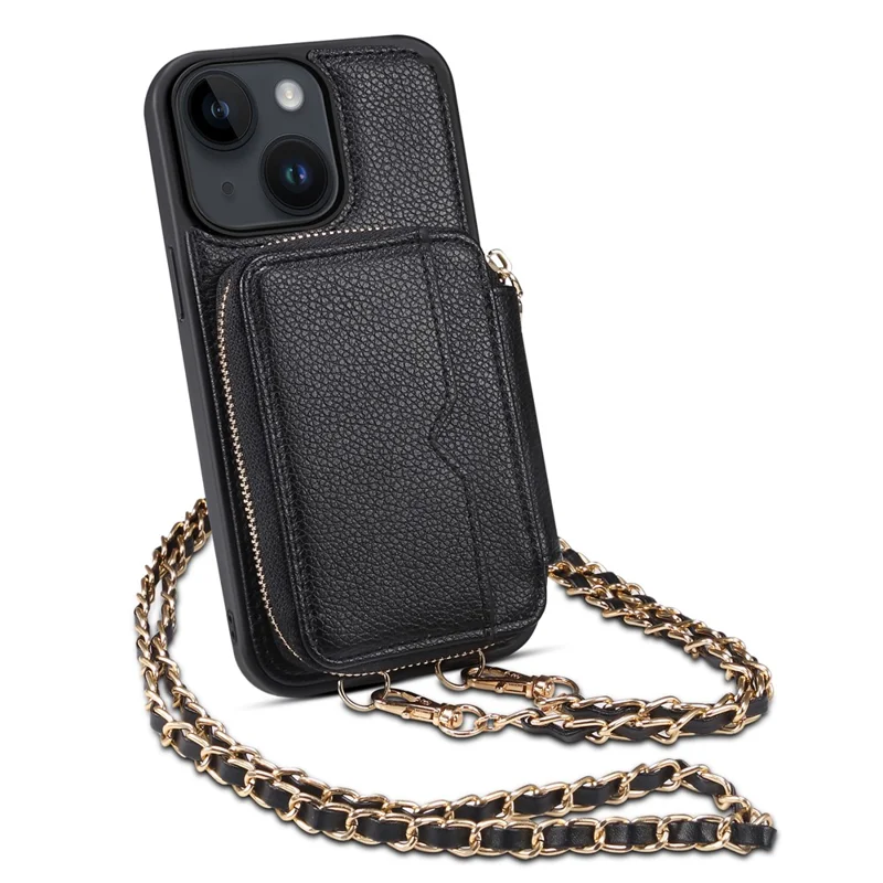For iPhone 13 6.1 inch Cell Phone Cover Kickstand Card Holder Wallet PU Leather+TPU Phone Case with Strap - Black